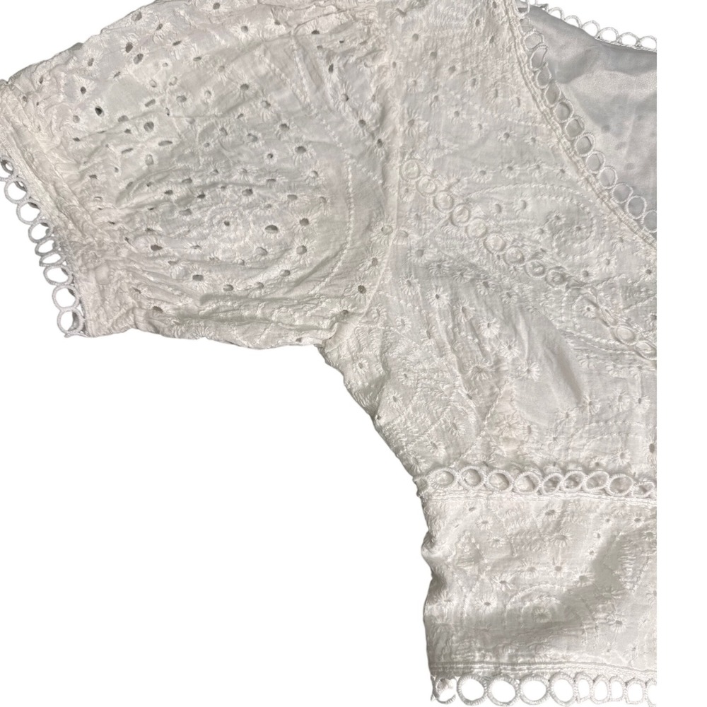 White Eyelet Lace V-Neck Crop Top Smocked Back Puff Sleeve Boho Cottagecore - Picture 11 of 12